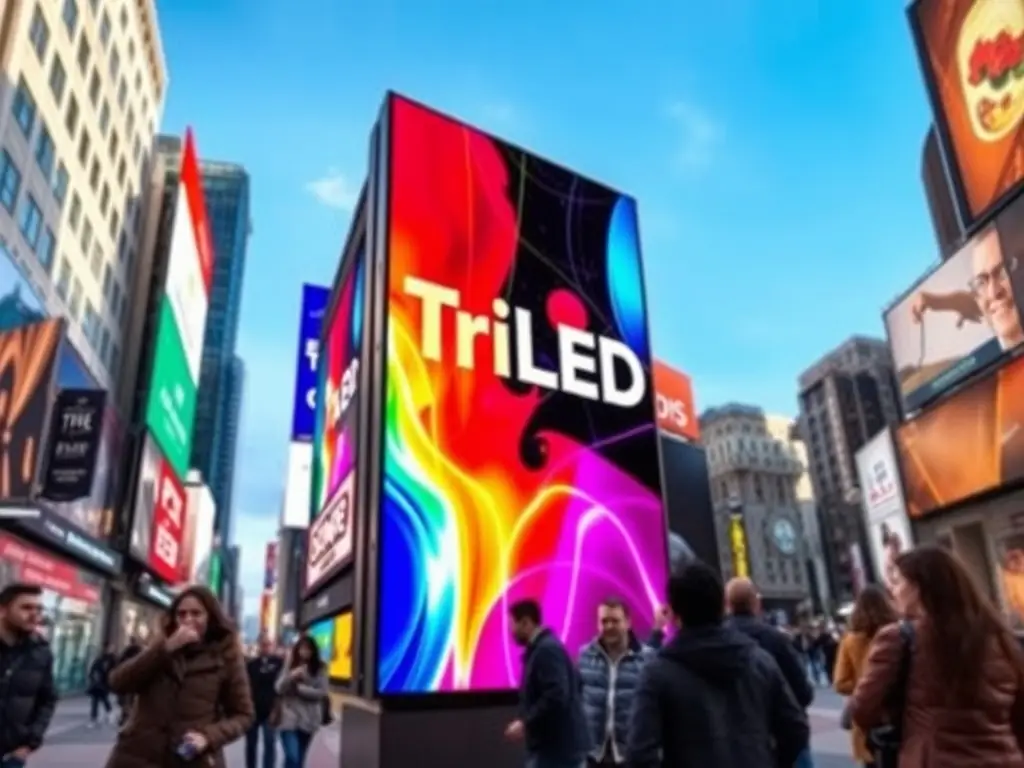 A high-resolution image showcasing a vibrant 4x8ft LED sign displaying dynamic advertising content, emphasizing its brightness and clarity, set against a clear blue sky to highlight outdoor visibility.