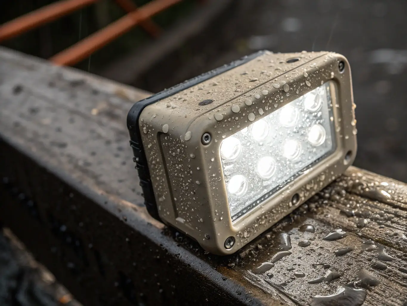 A detailed close-up image of an LED module used in a large format sign, showcasing its construction and weather-resistant features, with a focus on the quality of components.