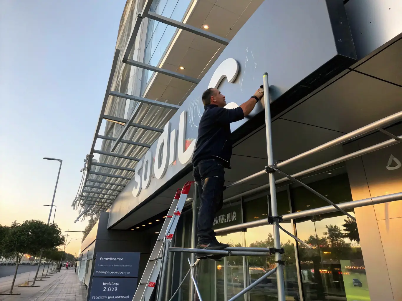 An image of a large format LED sign being installed on a building facade, demonstrating the ease of installation and the visual impact of the completed sign.